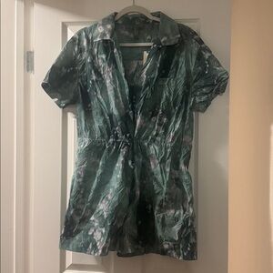 Anthropologie teal and Pink Patterned romper w/ pockets